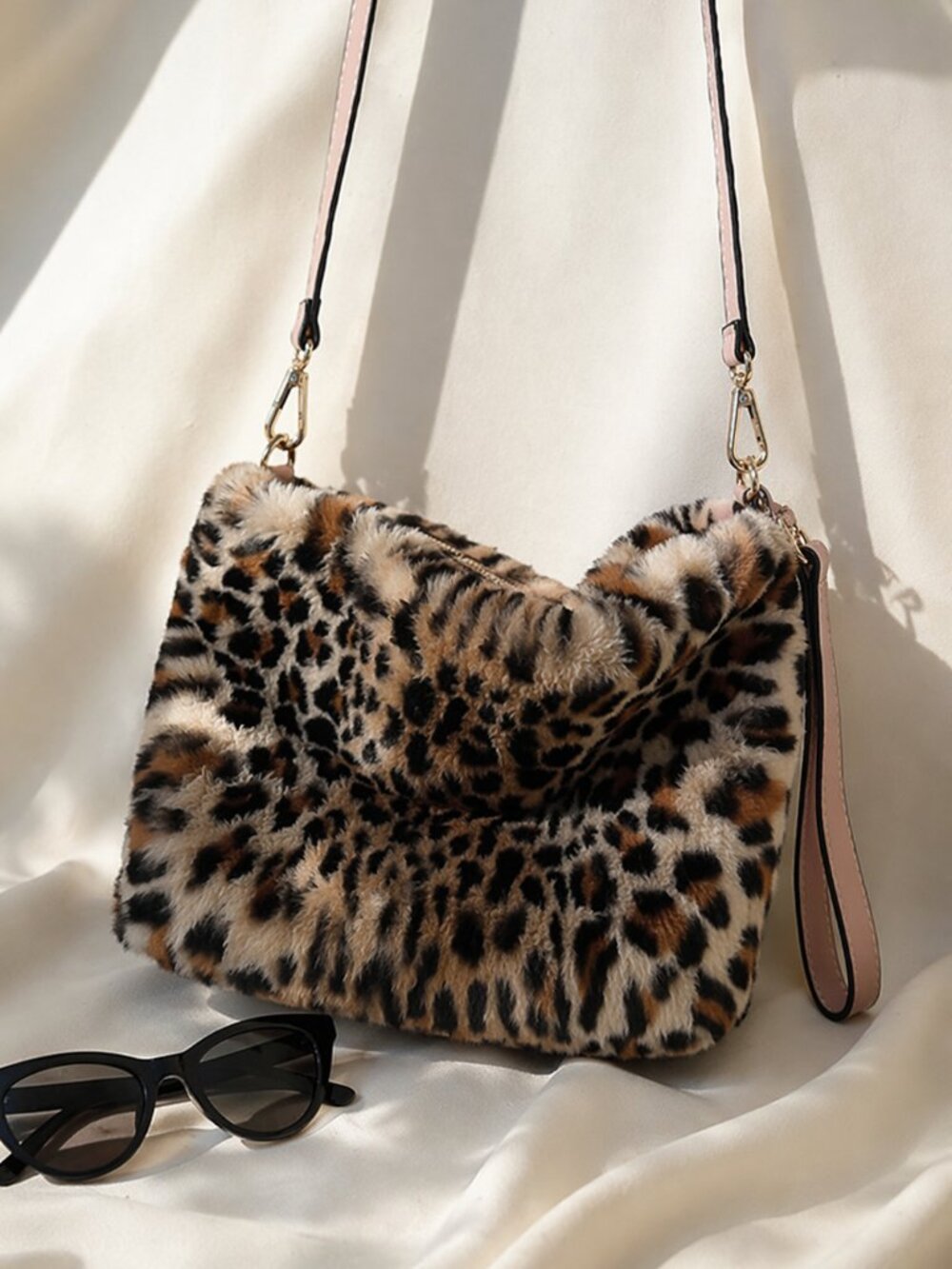 Leopard Faux Fur Shoulder Bag Soft Slouchy Gold Hardware